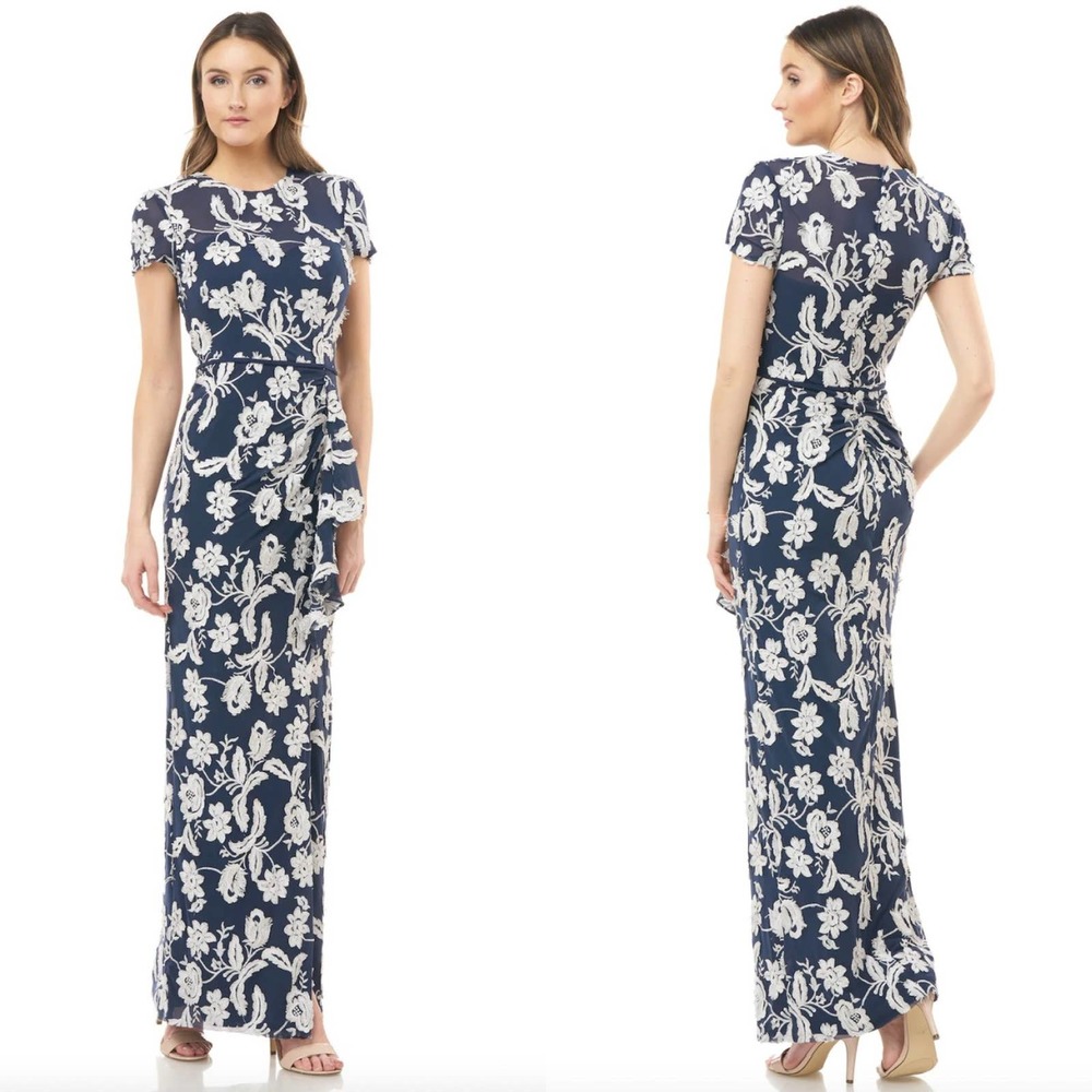 JS Collections Floral Embroidered Ruffle Drape Column Gown In Navy Size 10 New